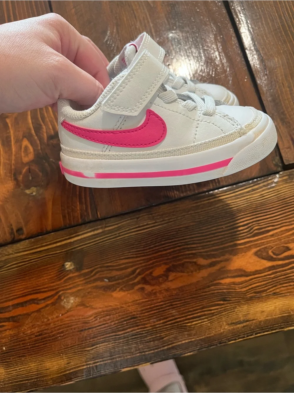 Nike Kids White Sneakers with Pink Swoosh and Pink Stripe